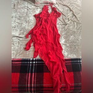 Pretty Little Thing Red Chiffon Frill Detail Plunge Midaxi Dress - Size 6